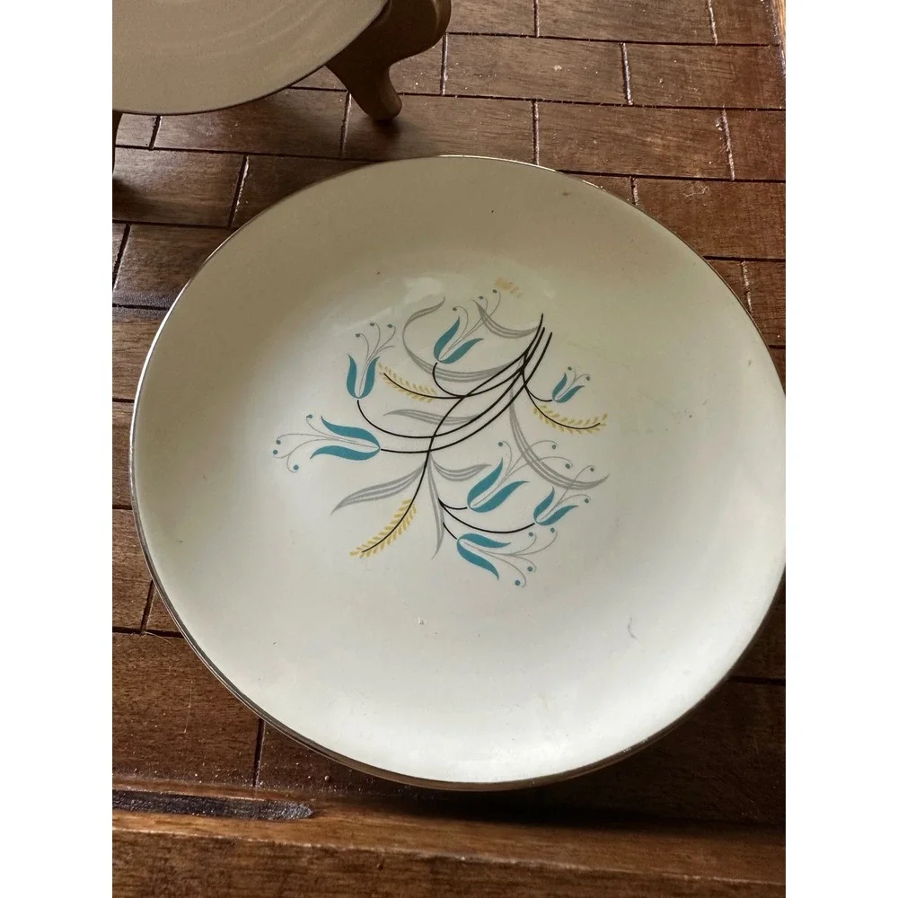 Homer Laughlin Rhythm Silver Wheat Salad Dessert Plates Set of 4 Teal MCM 7.25